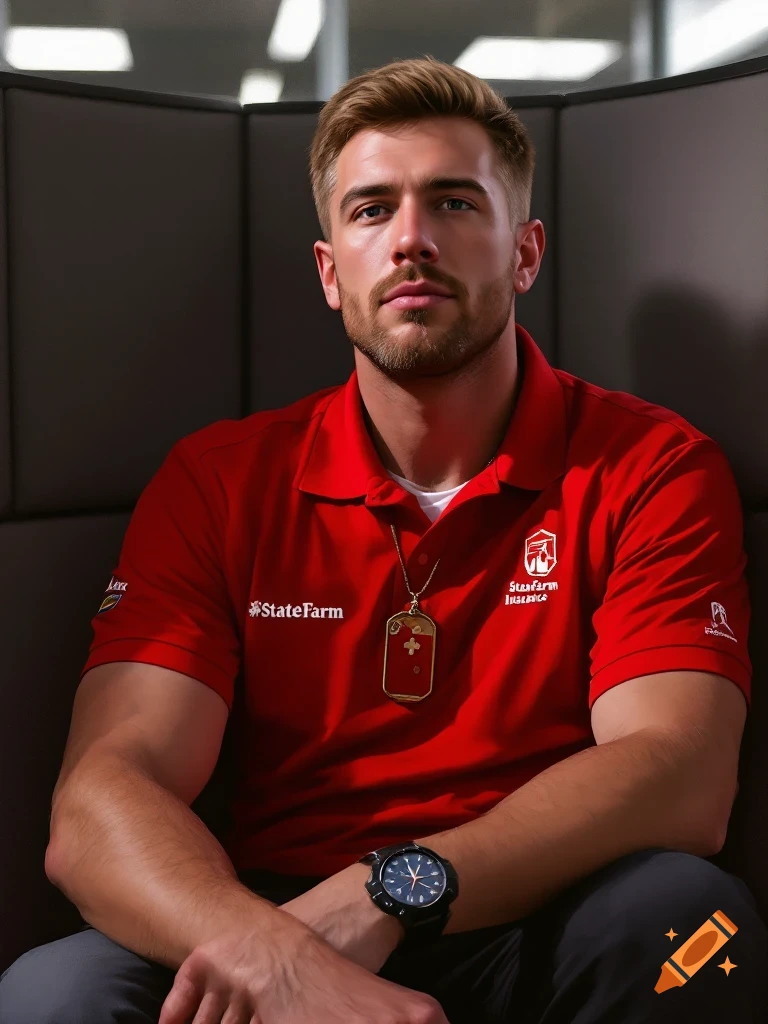 Portrait of a man in a red State Farm polo shirt sitting in an office cubicle.