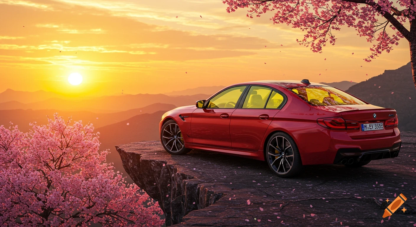 Red BMW M5 CS parked on a cliff overlooking a sunset with cherry blossoms.