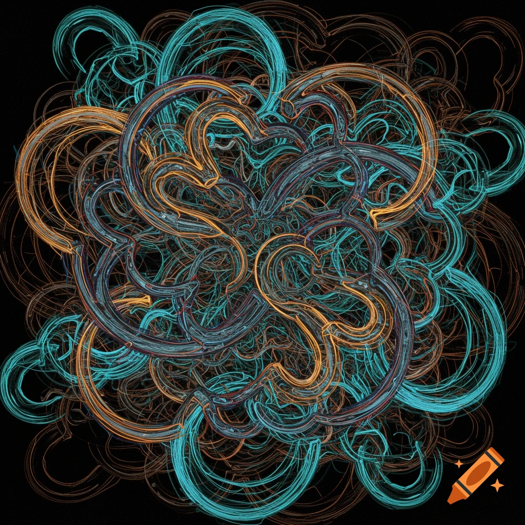 Abstract swirling lines in orange and blue on black background