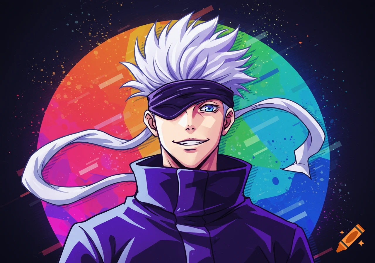 Anime character Gojo Satoru with spiky white hair and blindfold against a colorful background.