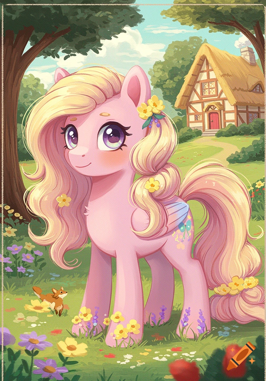 A beige My Little Pony character with dark wavy hair, glasses, and a ...