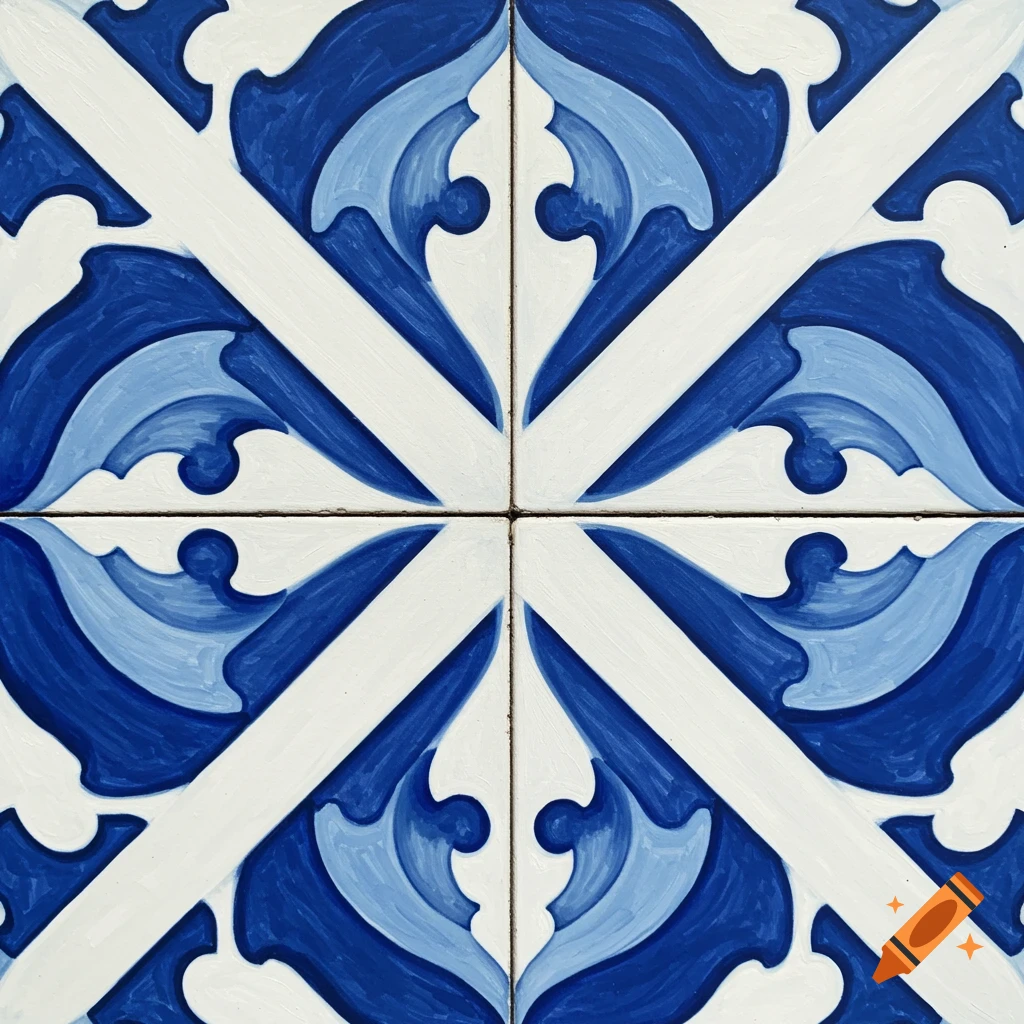 Close-up view of four blue and white tiles forming a symmetrical abstract pattern.