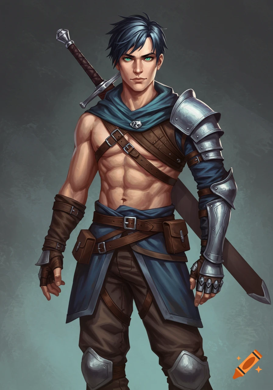 Portrait of a young man with blue hair, green eyes, bare chest, light armor, and a sword.