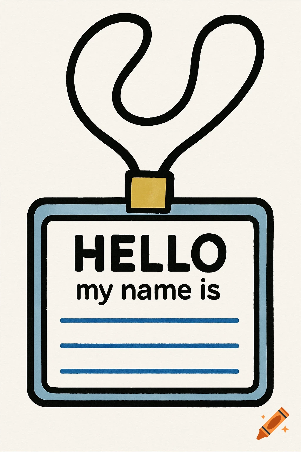 A clip art illustration of a name tag with a lanyard that says 'HELLO my name is' with lines below.