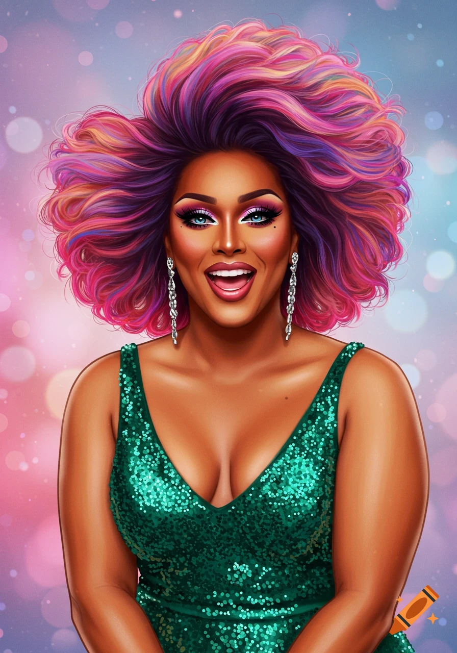 A portrait of a person in drag, wearing a green sequin dress and large, multi-colored pink and purple hair, smiling.