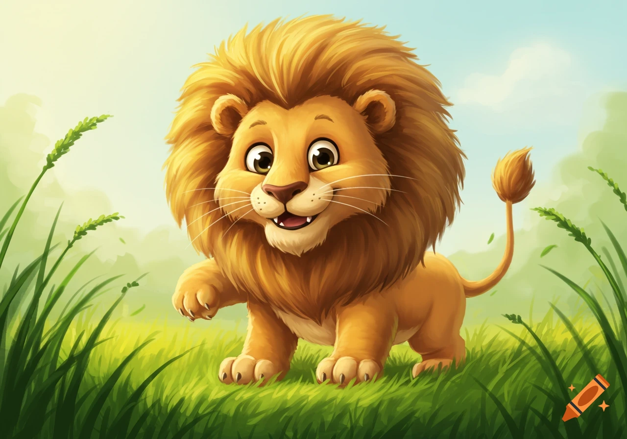 Cute cartoon lion standing in a field of tall green grass