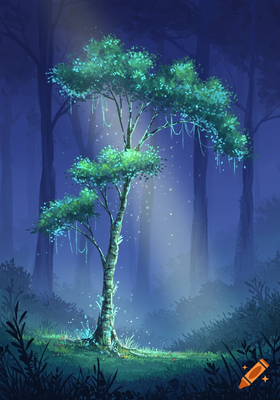 A glowing tree in a misty fantasy forest with light rays.