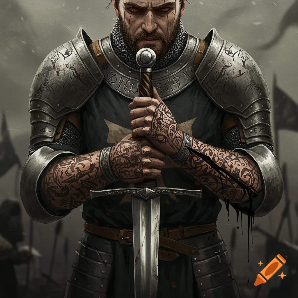 Painting of a knight with tattooed arms holding a sword, dripping effect.