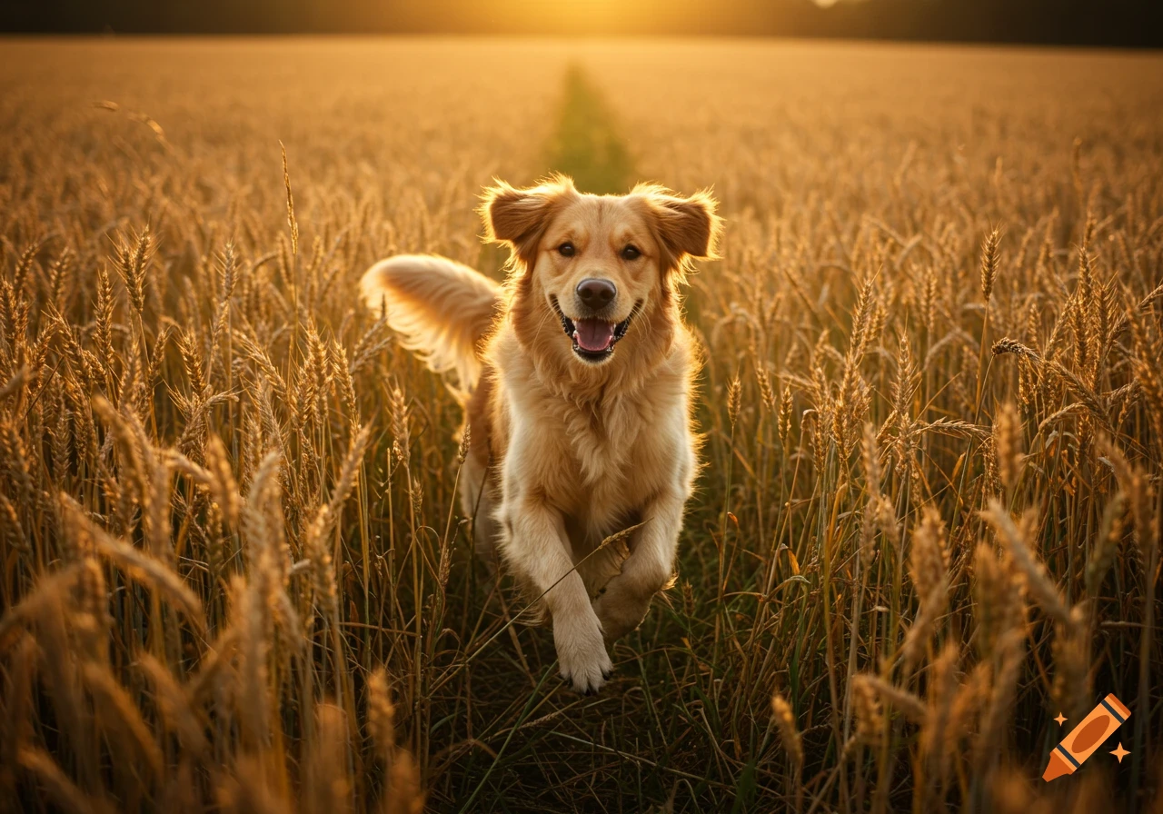 A Golden Retriever runs through a golden wheat field at sunset.