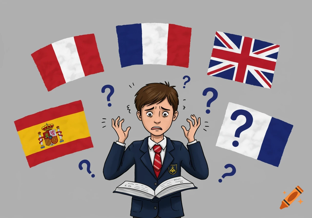 Illustration of a student looking distressed with an open book surrounded by national flags and question marks.