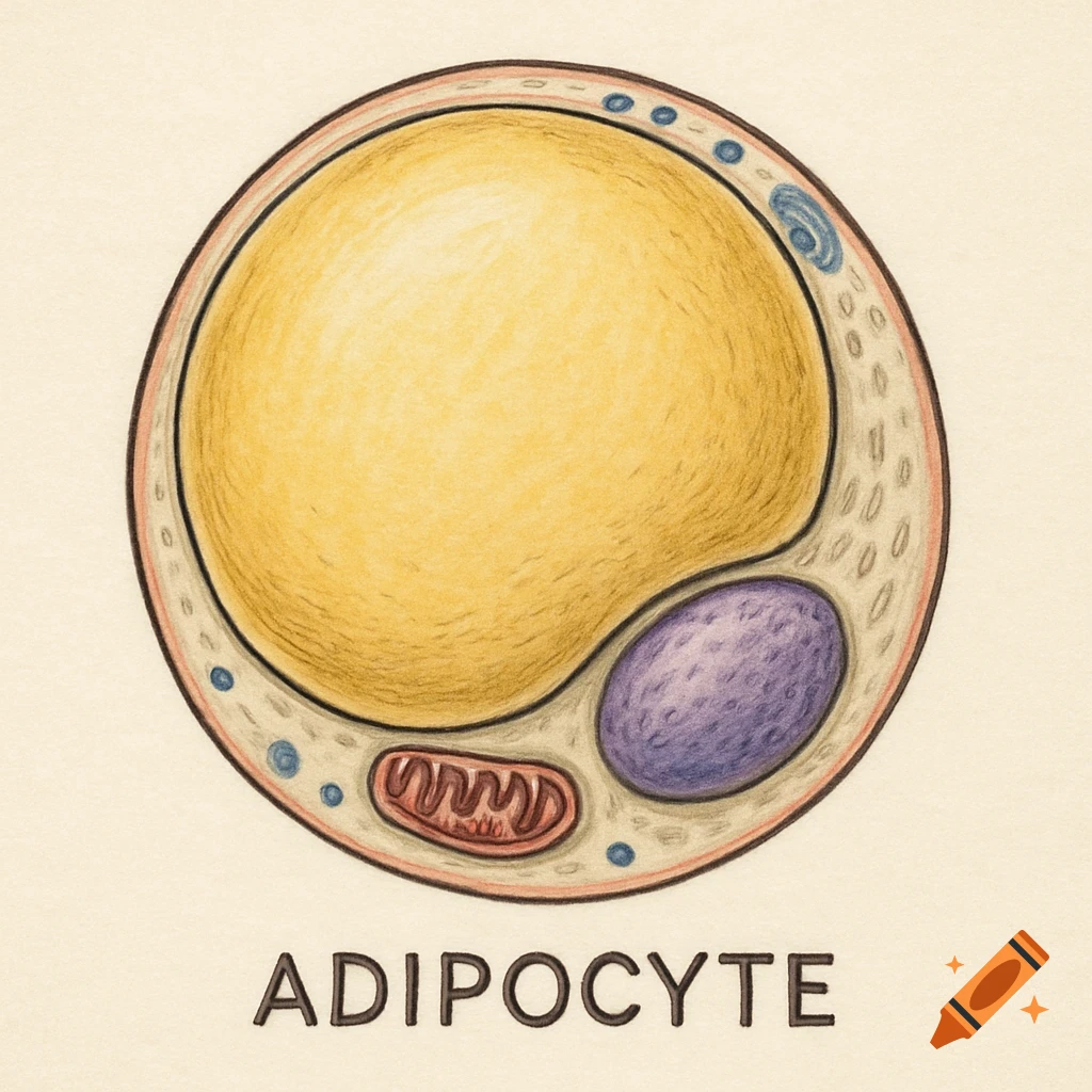 A scientific drawing of an adipocyte cell.