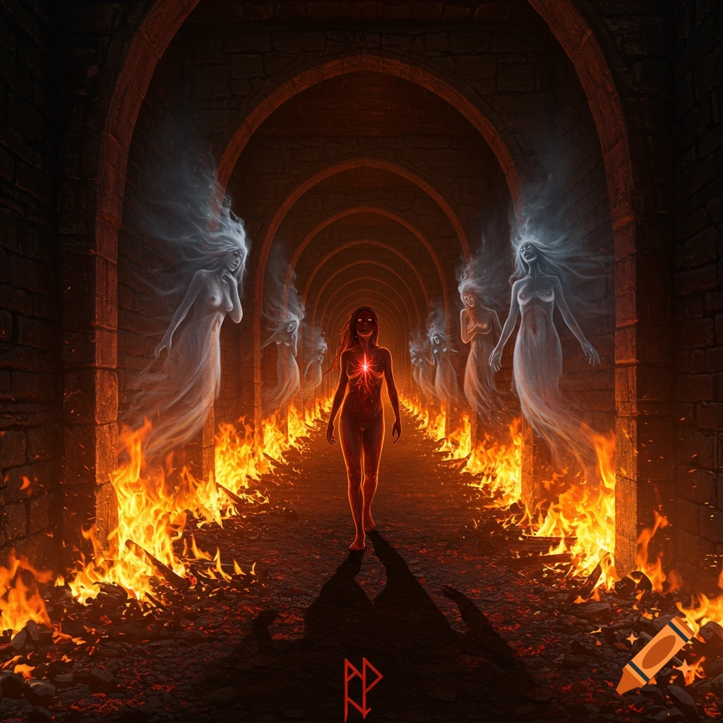 Naked figure with glowing chest walks down fiery corridor with spirits, dark fantasy art