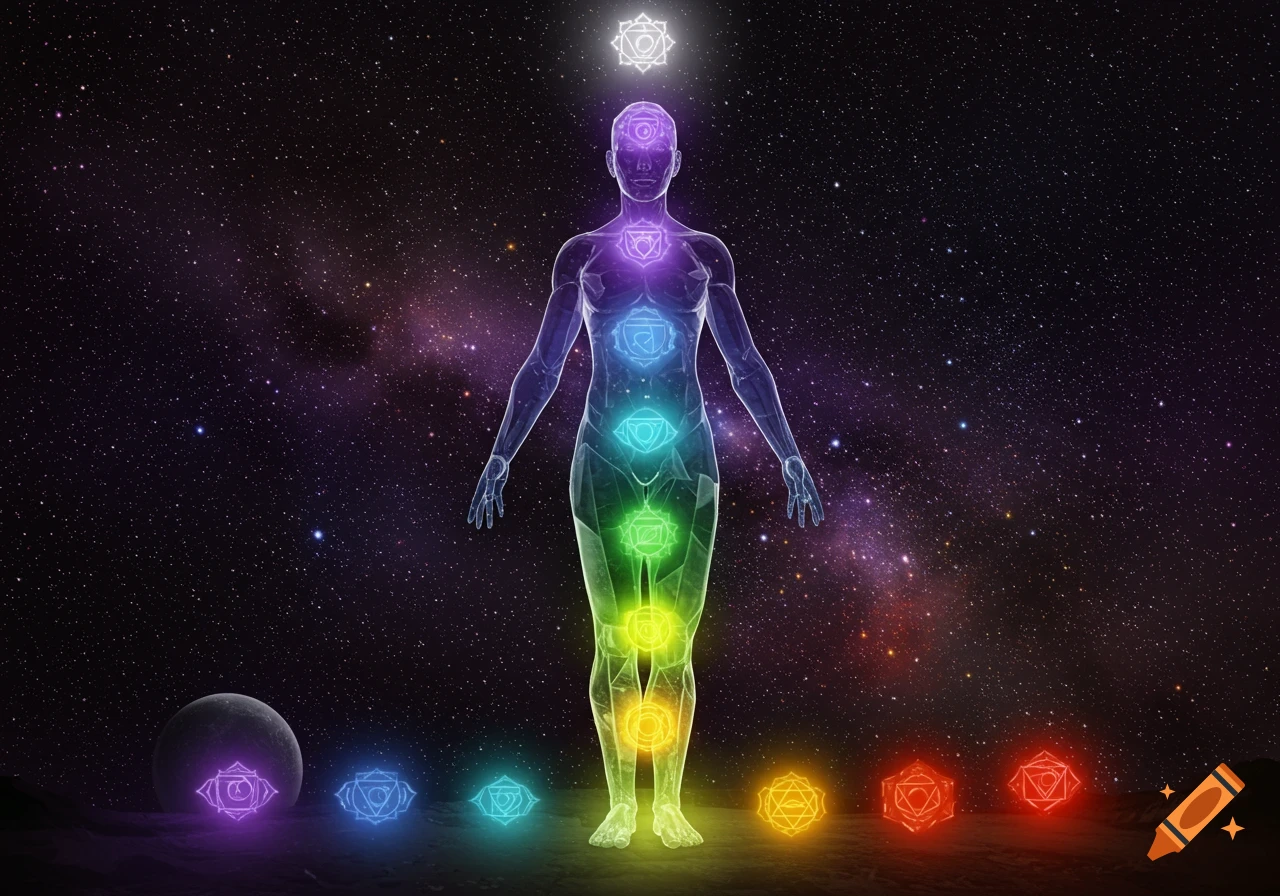 Translucent figure with glowing chakras in space