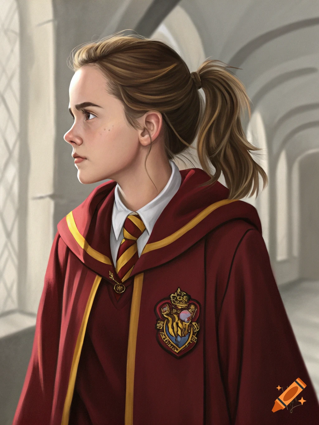 A person in a Gryffindor robe looking left in a hallway.