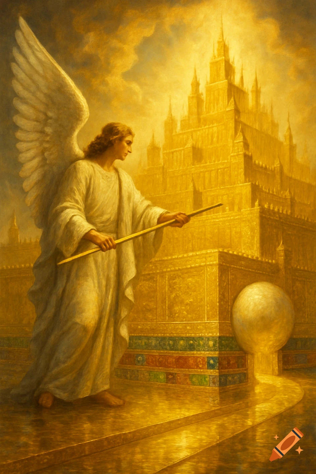 An angel pointing towards a magnificent golden city.