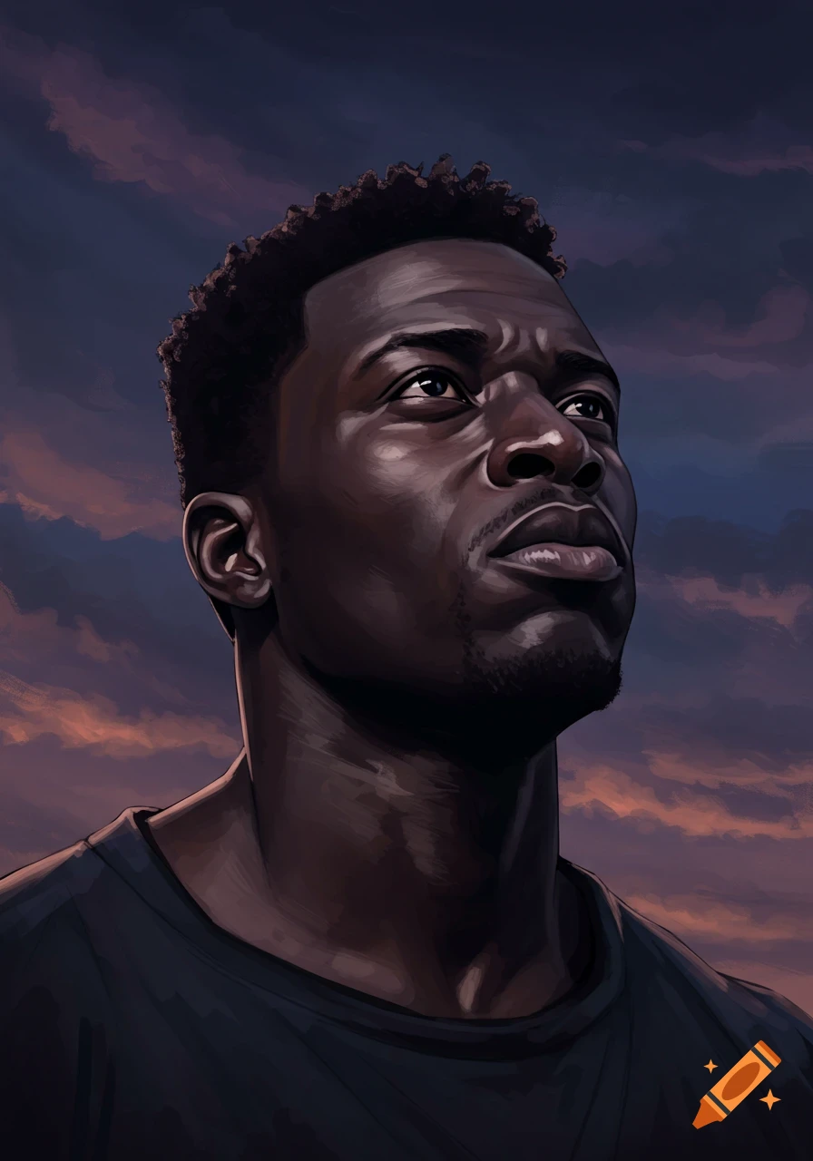 A man looking up against a sunset sky.