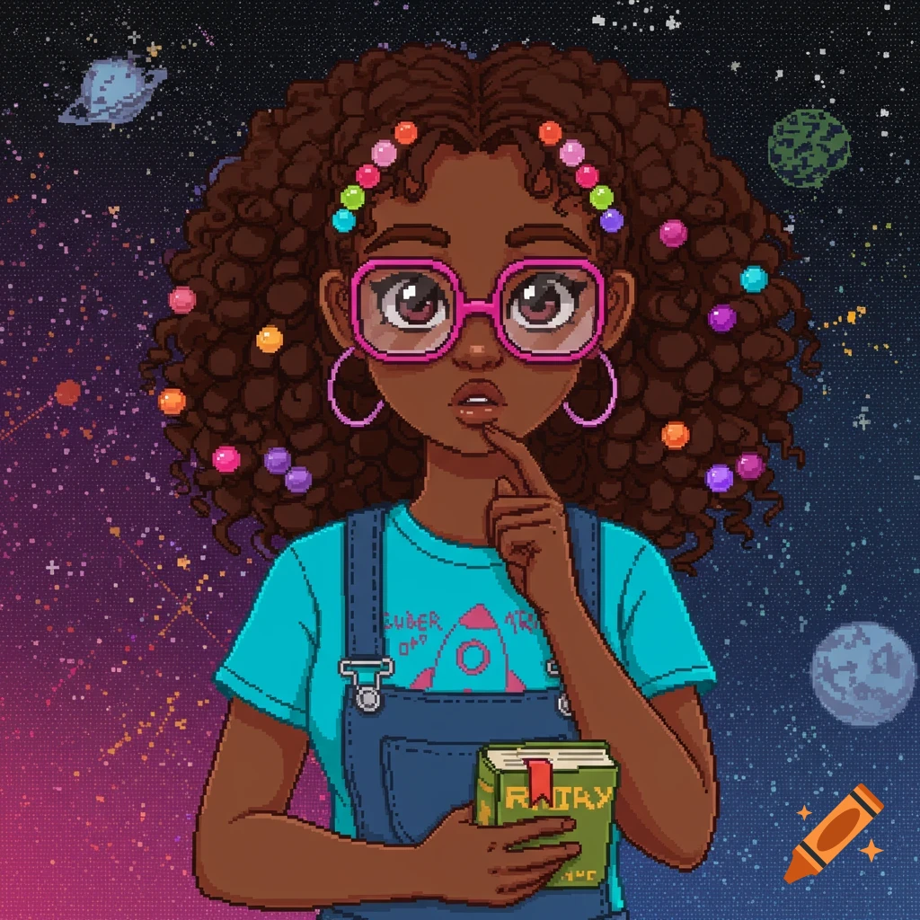 Pixel art portrait of a black girl with curly hair and glasses holding a book in space.
