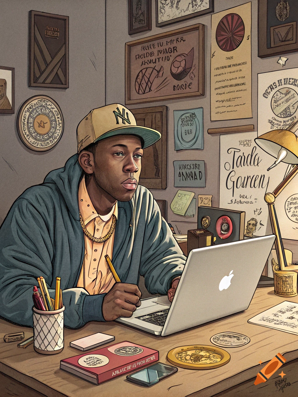 Illustrative portrait of a man in a baseball cap and hoodie drawing on a laptop at a desk filled with papers.