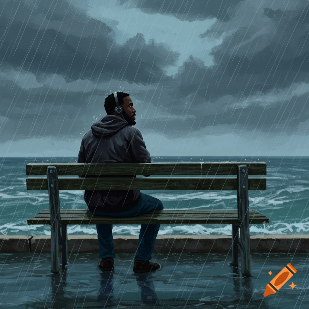 A man sitting on a bench in the rain looks at the ocean while wearing headphones.