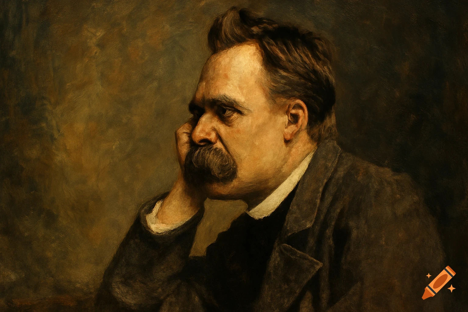 Painting of philosopher Friedrich Nietzsche resting his head on his hand