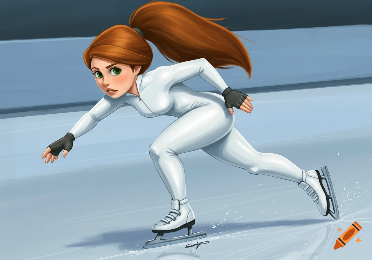 A stylized character in a white suit speed ice skating on ice.