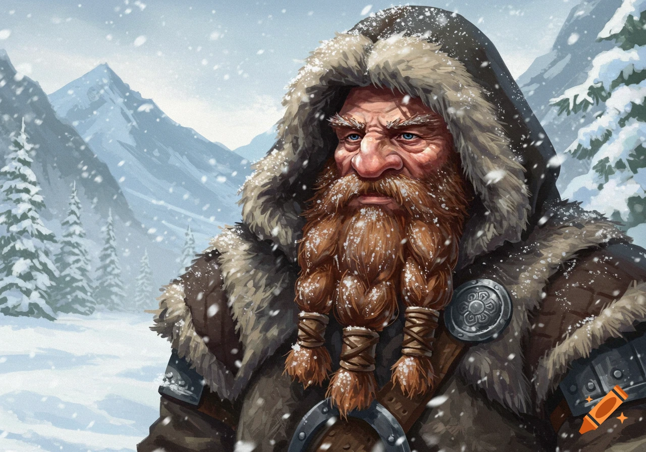 A grizzled fantasy dwarf in a hooded fur coat in a snowy mountain landscape.