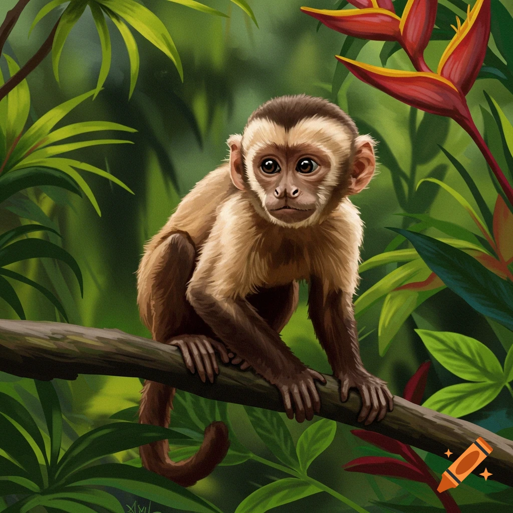A young monkey sitting on a branch in a lush green jungle.