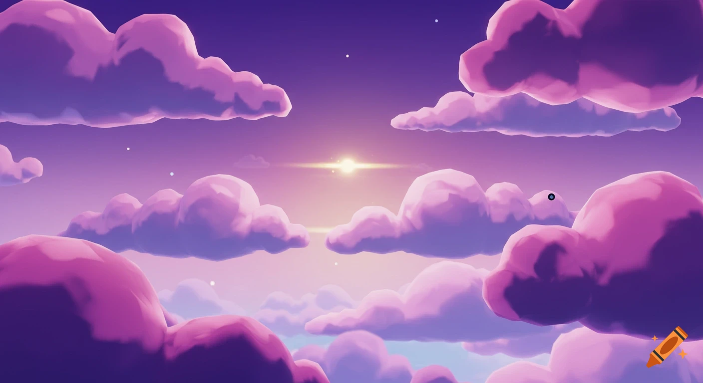 Stylized pink and purple clouds in a vibrant purple sky with a bright sun.