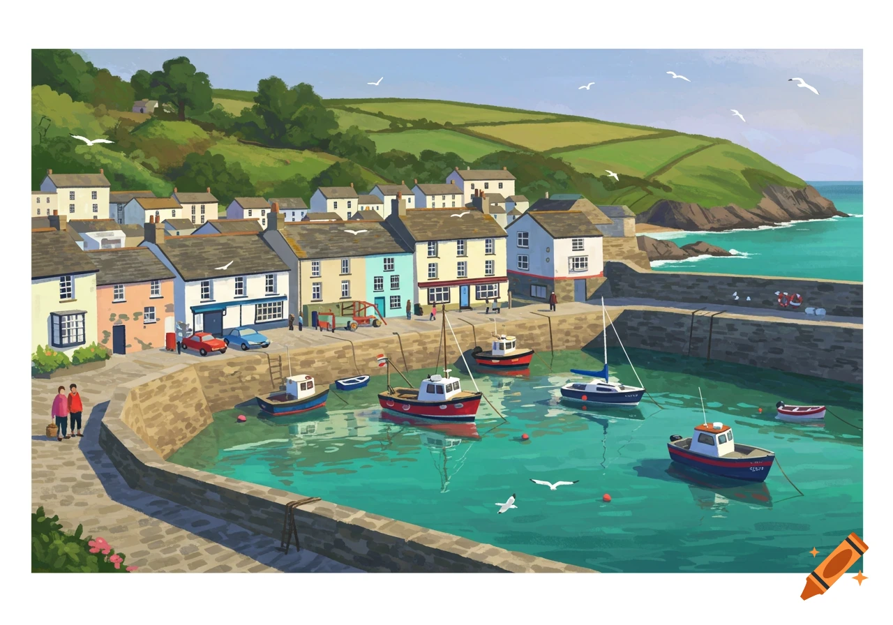 A bustling Cornish seaside village harbor with boats, buildings, people, and seagulls.