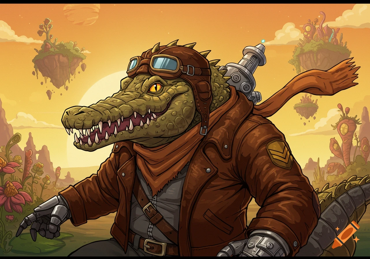 A cartoon of an anthropomorphic crocodile wearing a pilot hat and leather jacket, pointing with a robotic hand in a fantasy landscape.