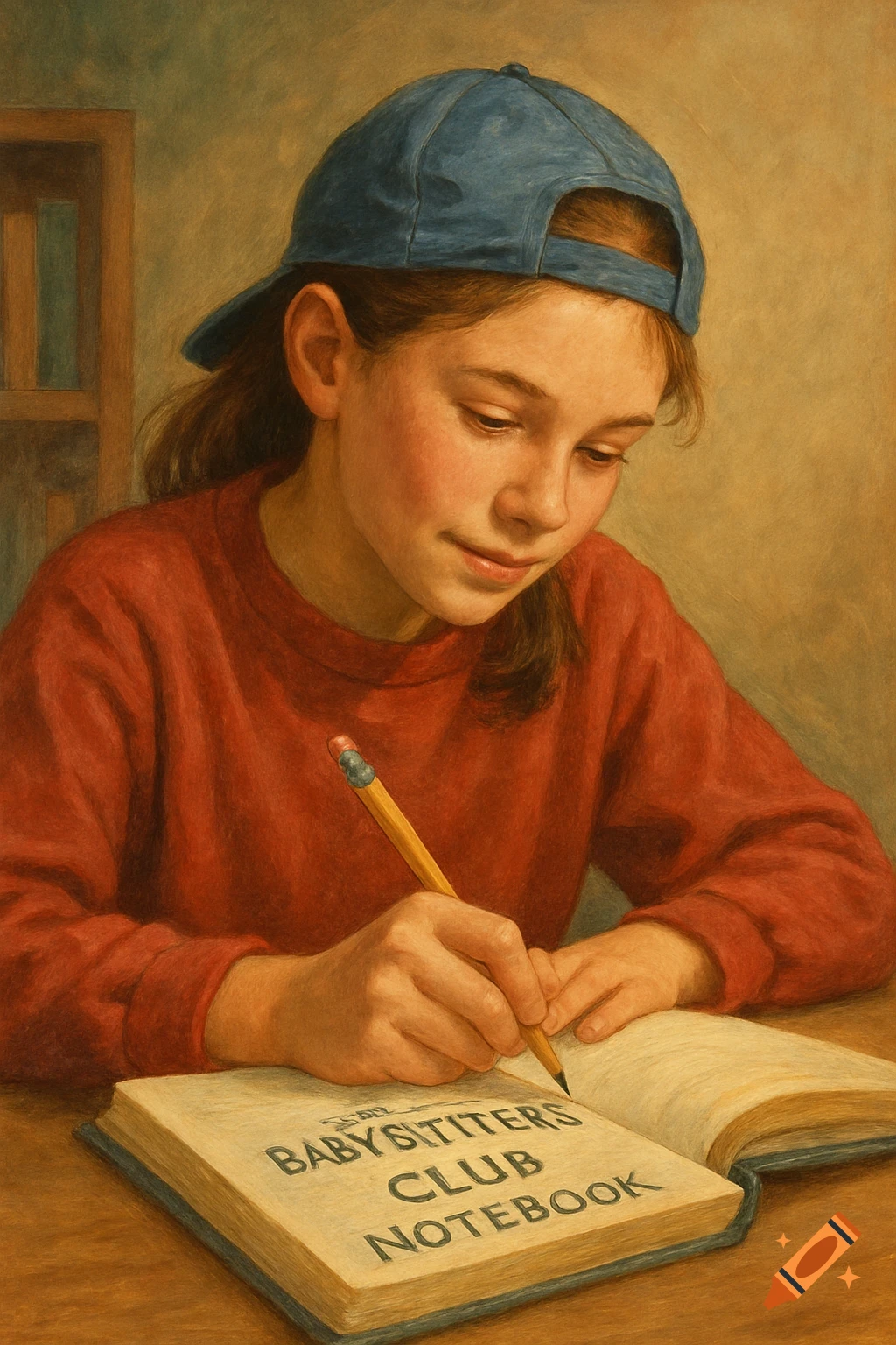 A girl in a blue cap and red sweater writing in a notebook.
