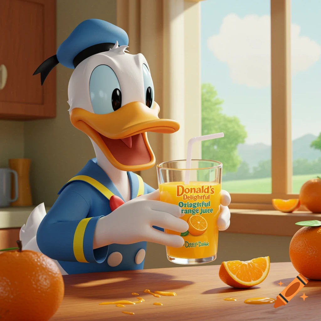 Donald duck holding a glass of orange juice in a sunny kitchen
