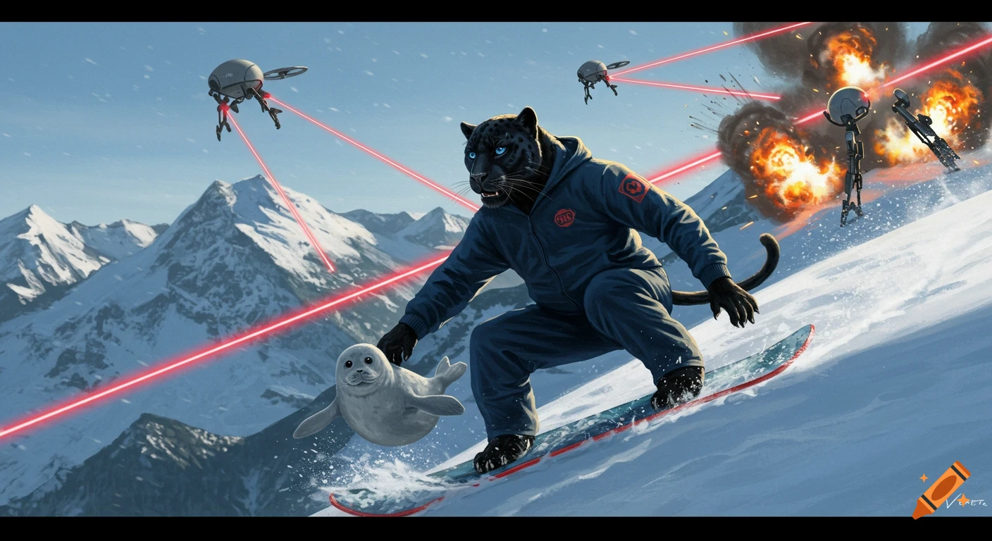 A black panther snowboarding with a seal down a snowy mountain while being attacked by laser drones.