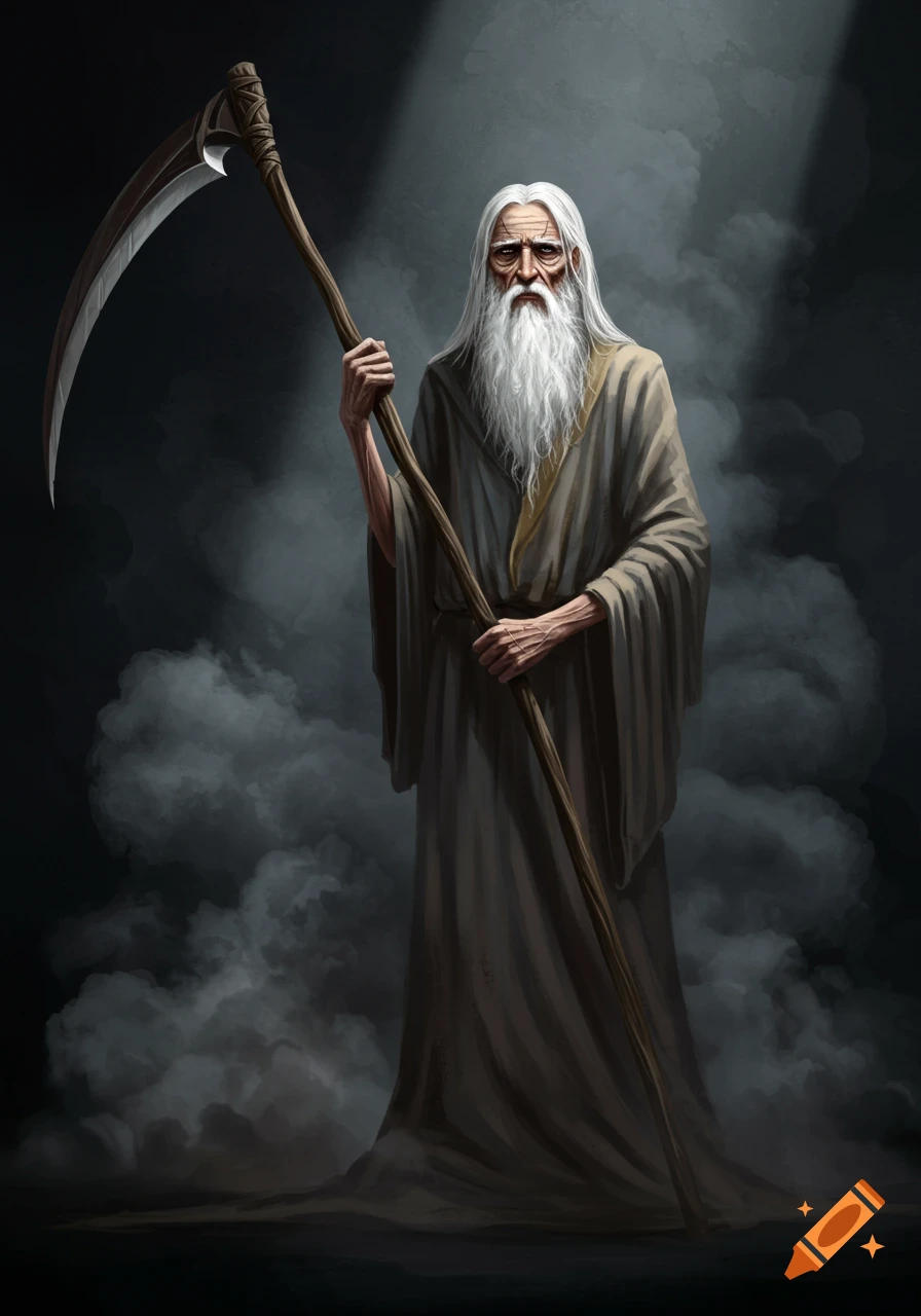 A portrait of Father Time holding a scythe in smoke with a spotlight.