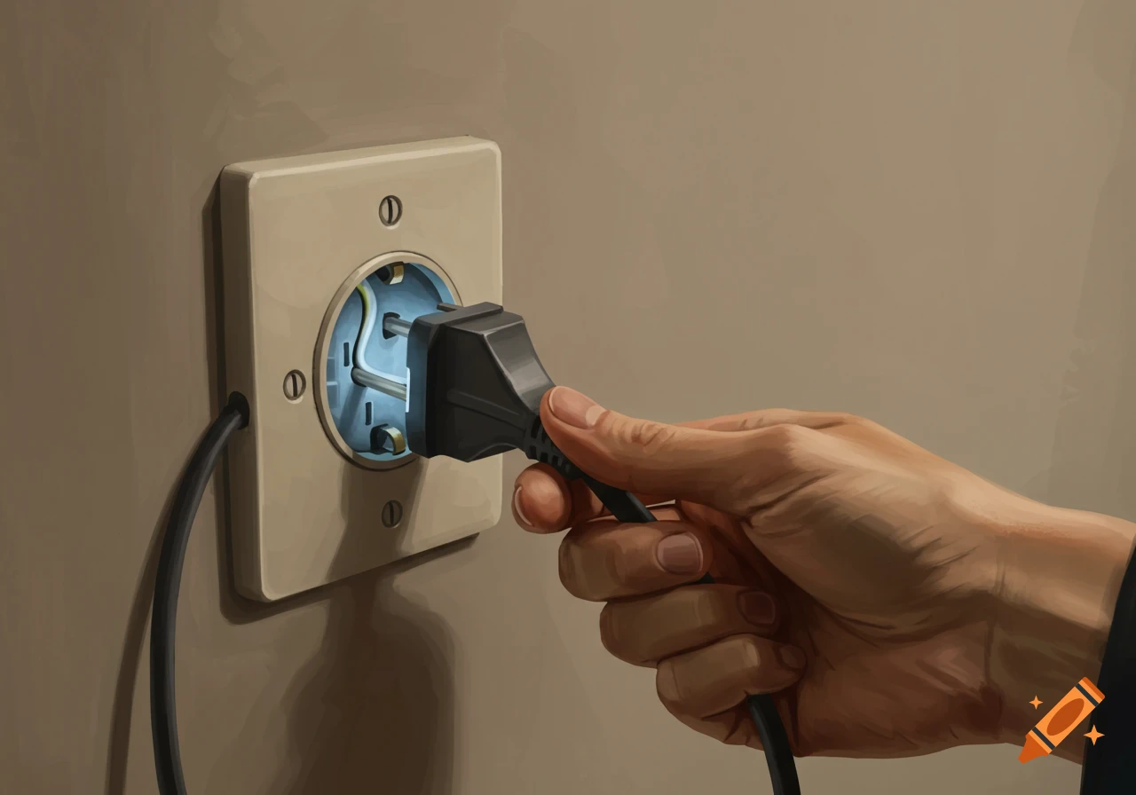 A hand plugging a black electrical cord into a white wall socket.