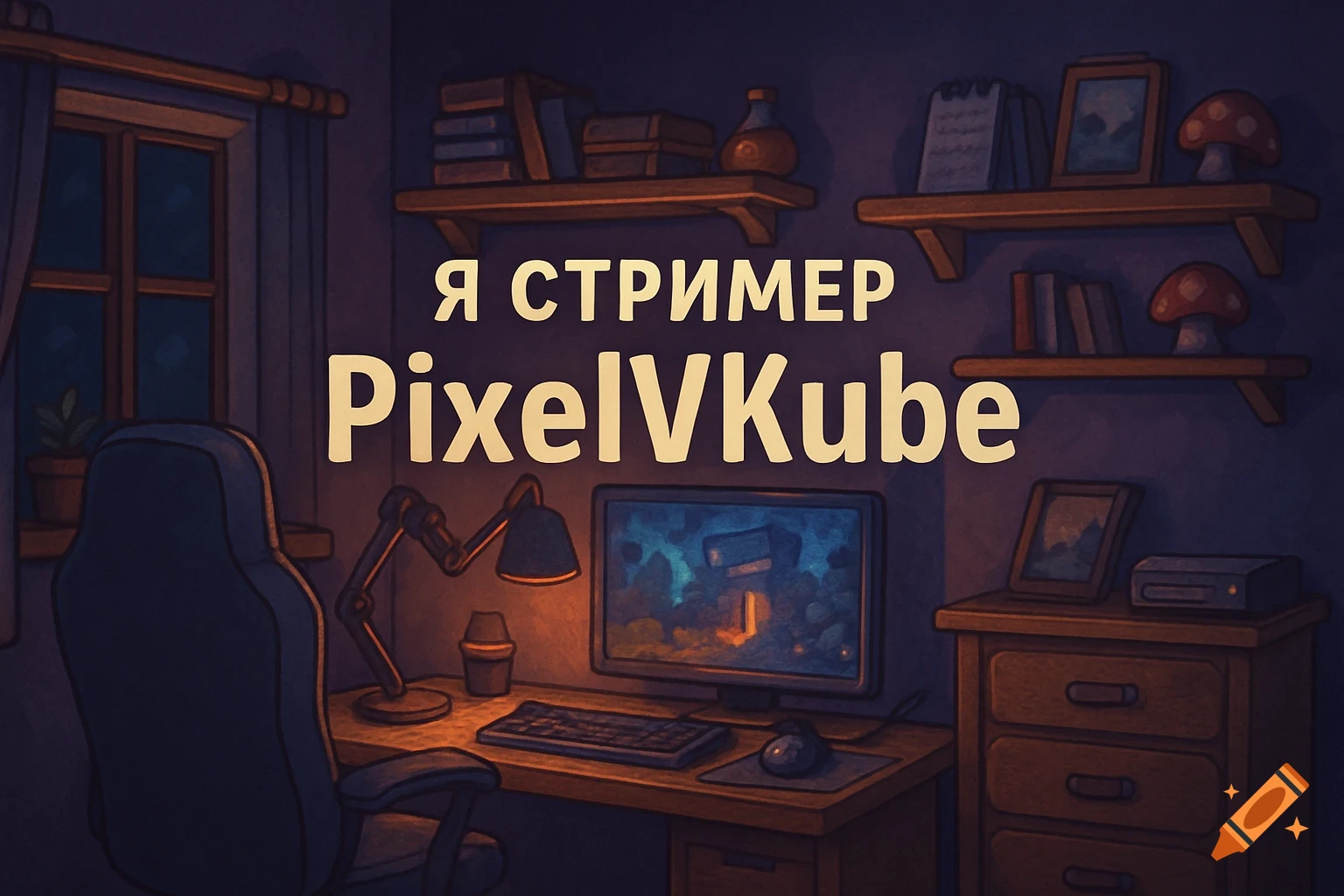 A cozy room with a computer setup, chair, shelves, and text overlaid.