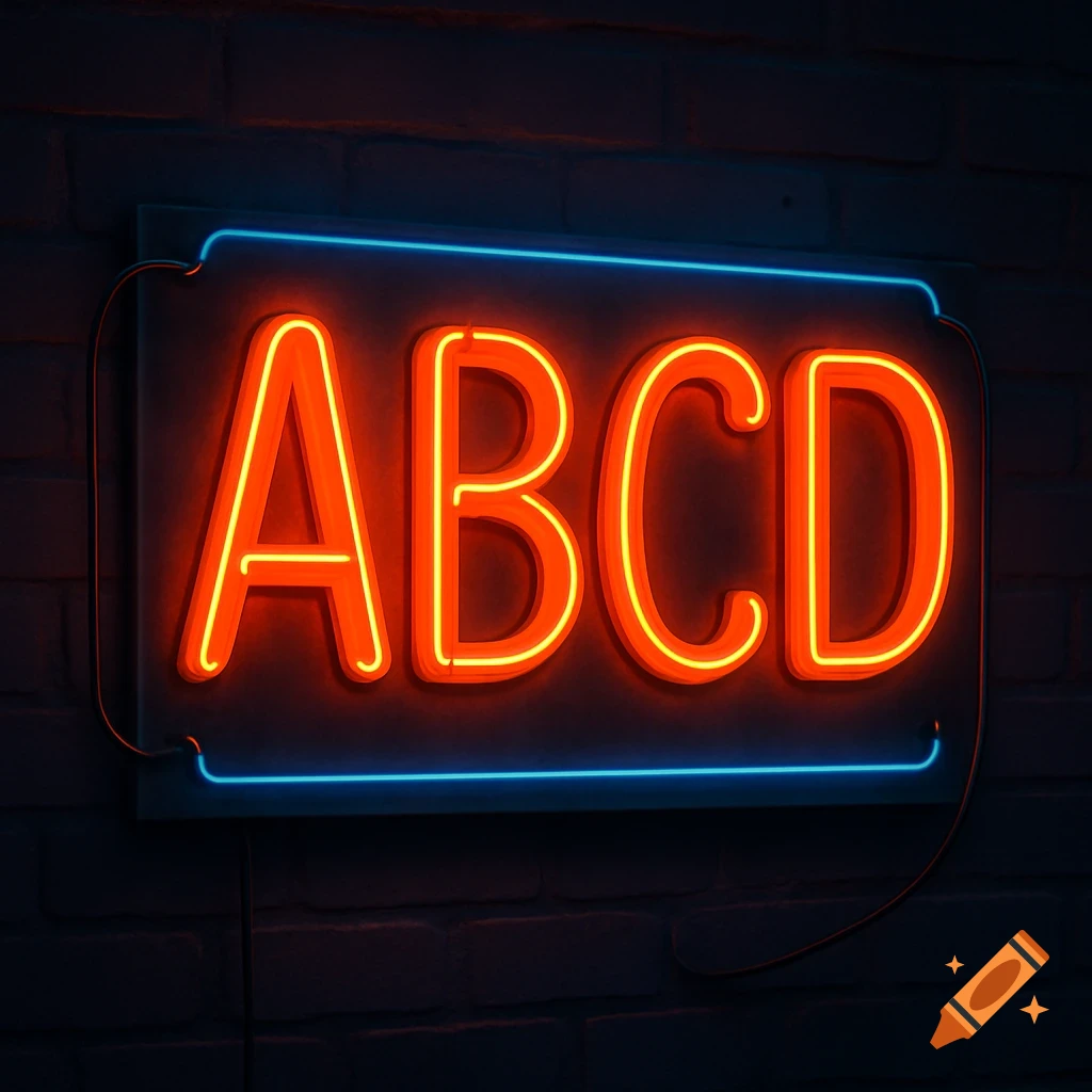 A bright orange and blue neon sign displaying the letters ABCD against a dark brick wall.