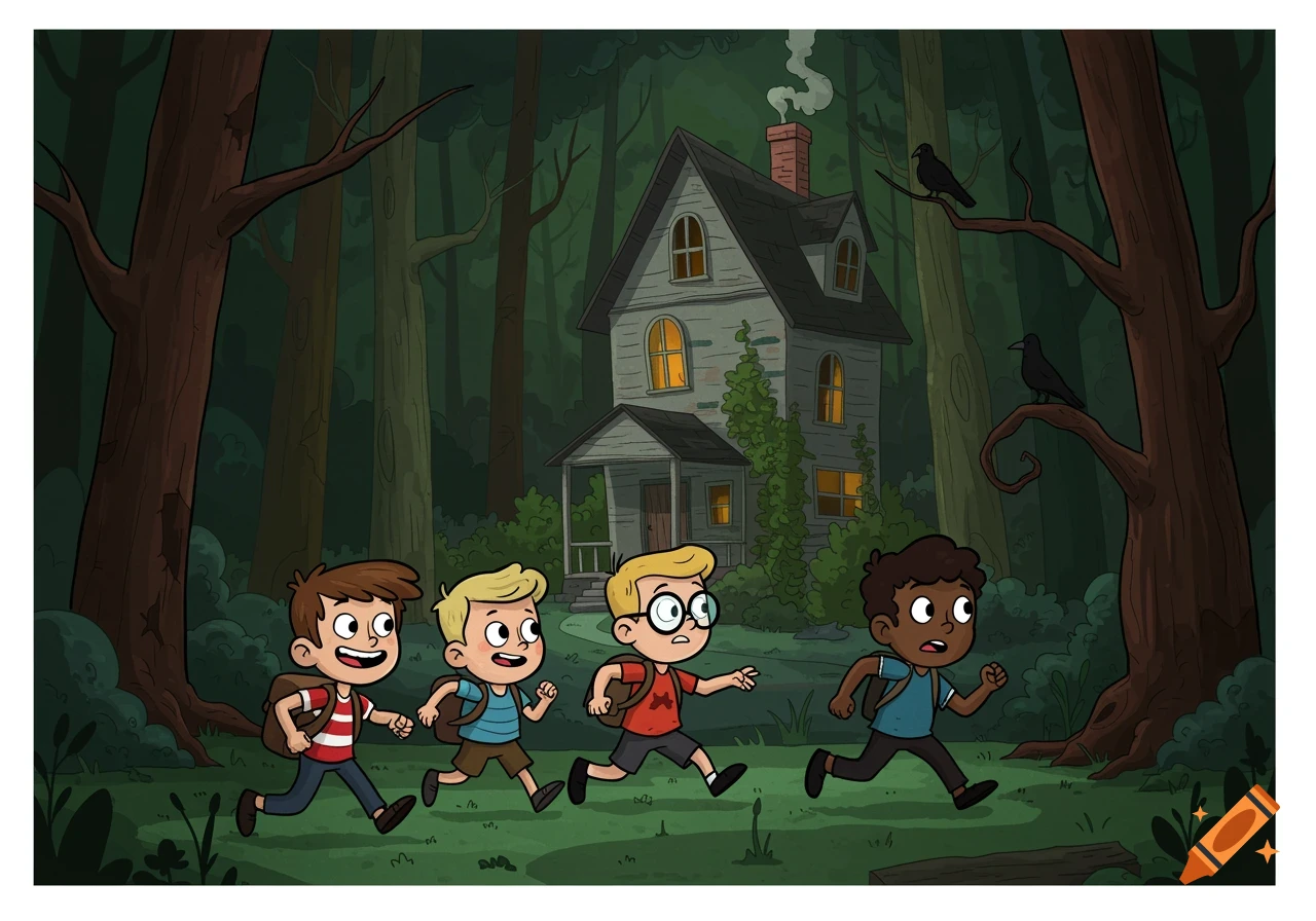 Cartoon illustration of four boys running from a spooky house in a dark forest.