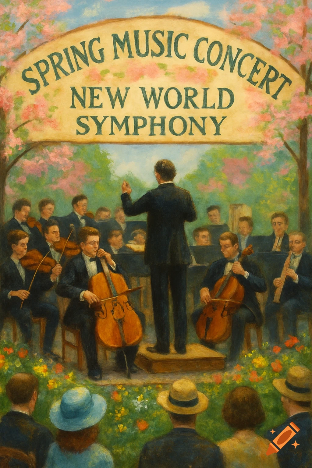 Outdoor symphony concert with conductor, orchestra, and audience under a banner.