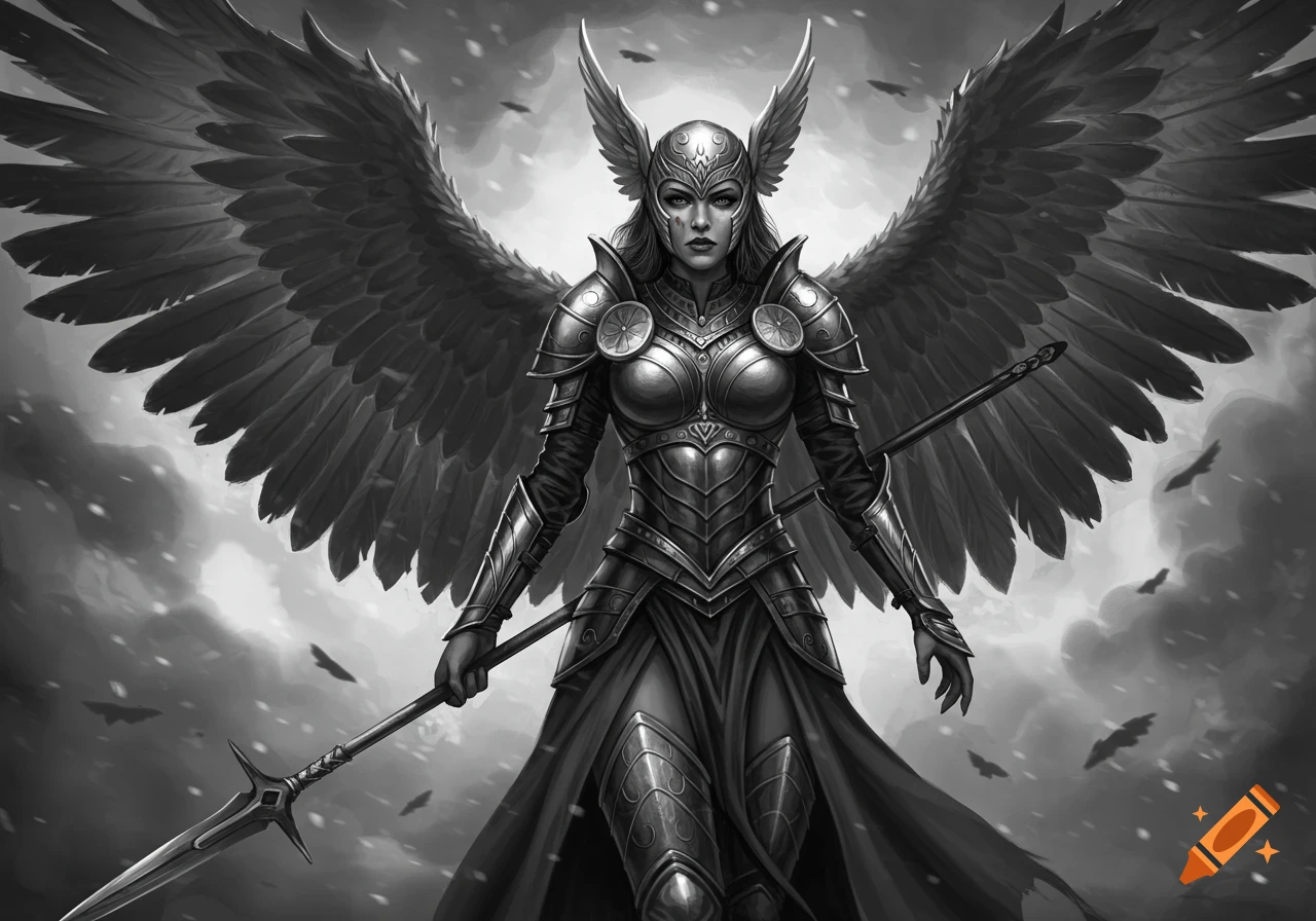 A black and grey image of a Valkyrie in armor with large wings holding a spear.