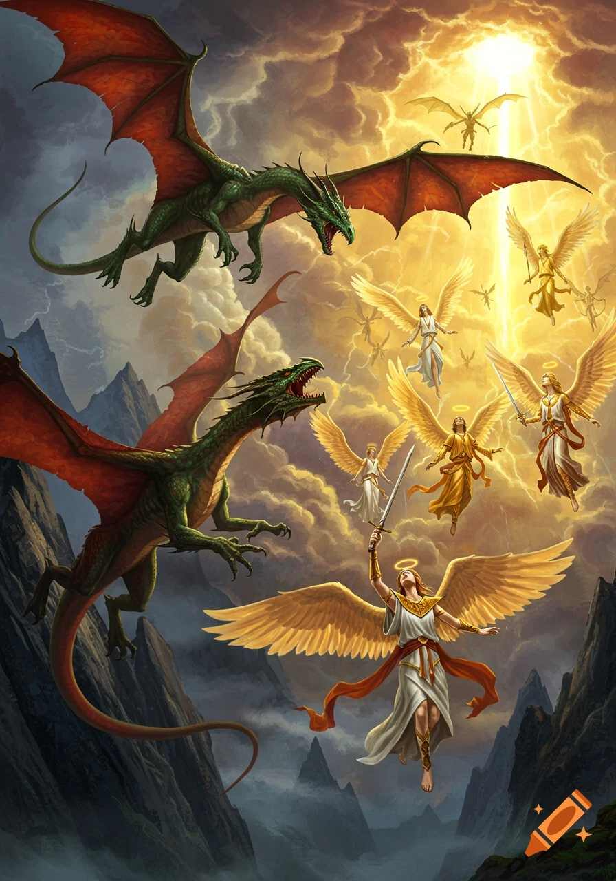 Fantasy scene of green dragons battling golden angels in a cloudy sky above mountains.