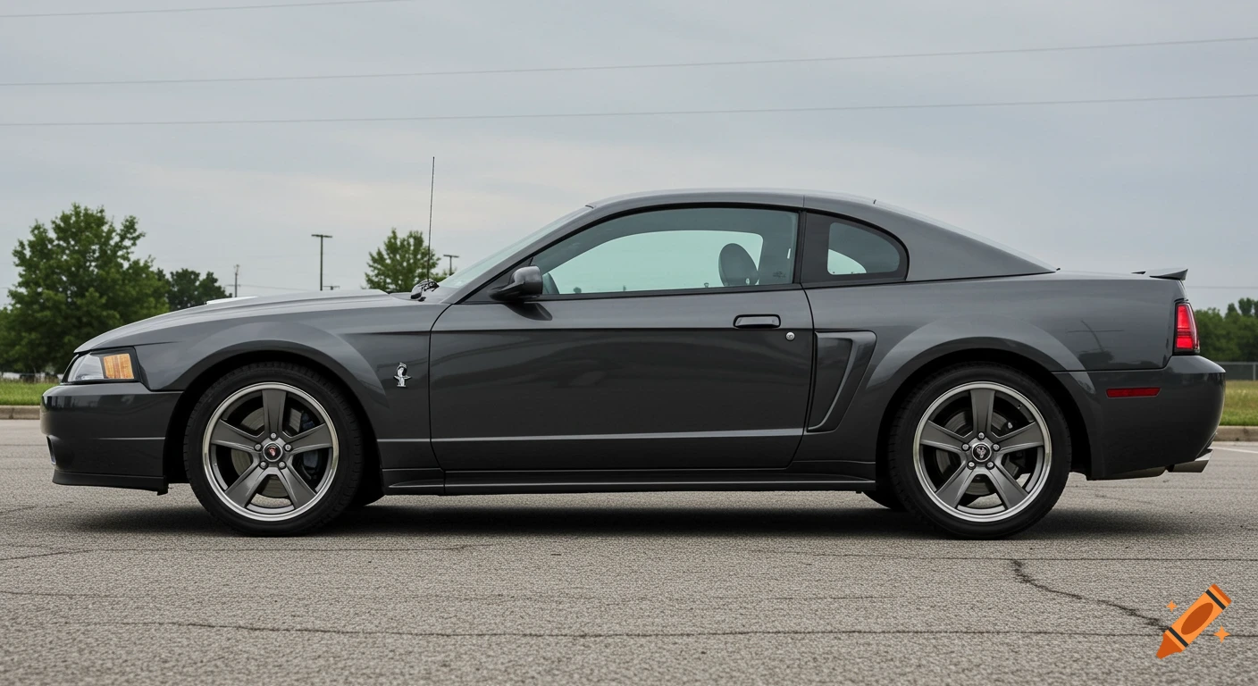 Side profile of a dark gray 2003 Ford Mustang Cobra coupe parked on asphalt with custom wheels, photorealistic