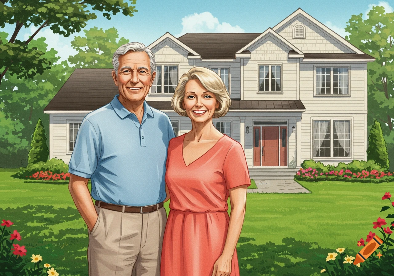A happy elderly couple stands in front of a white house with a garden.