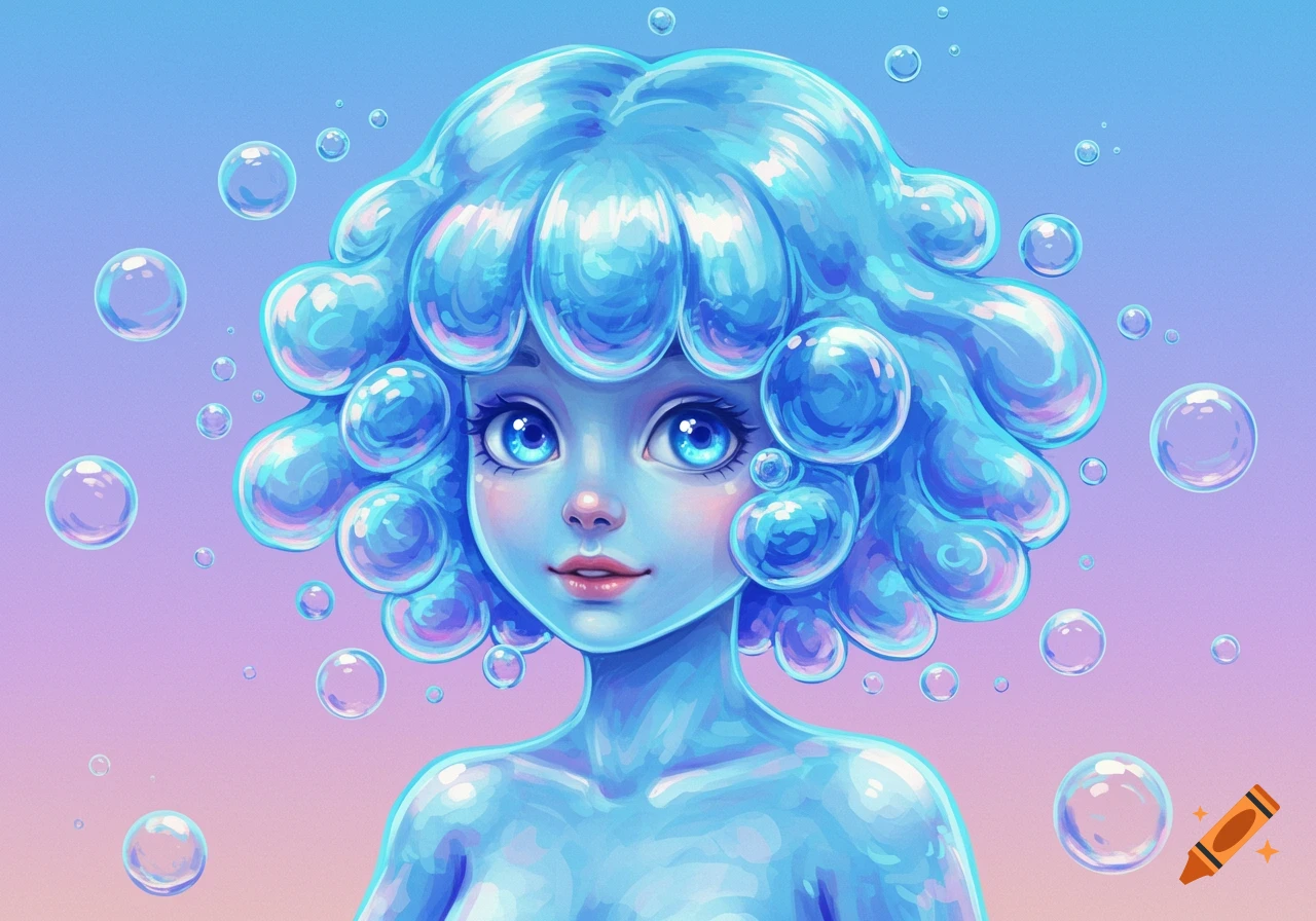 A young girl made of blue bubbles against a pastel background.