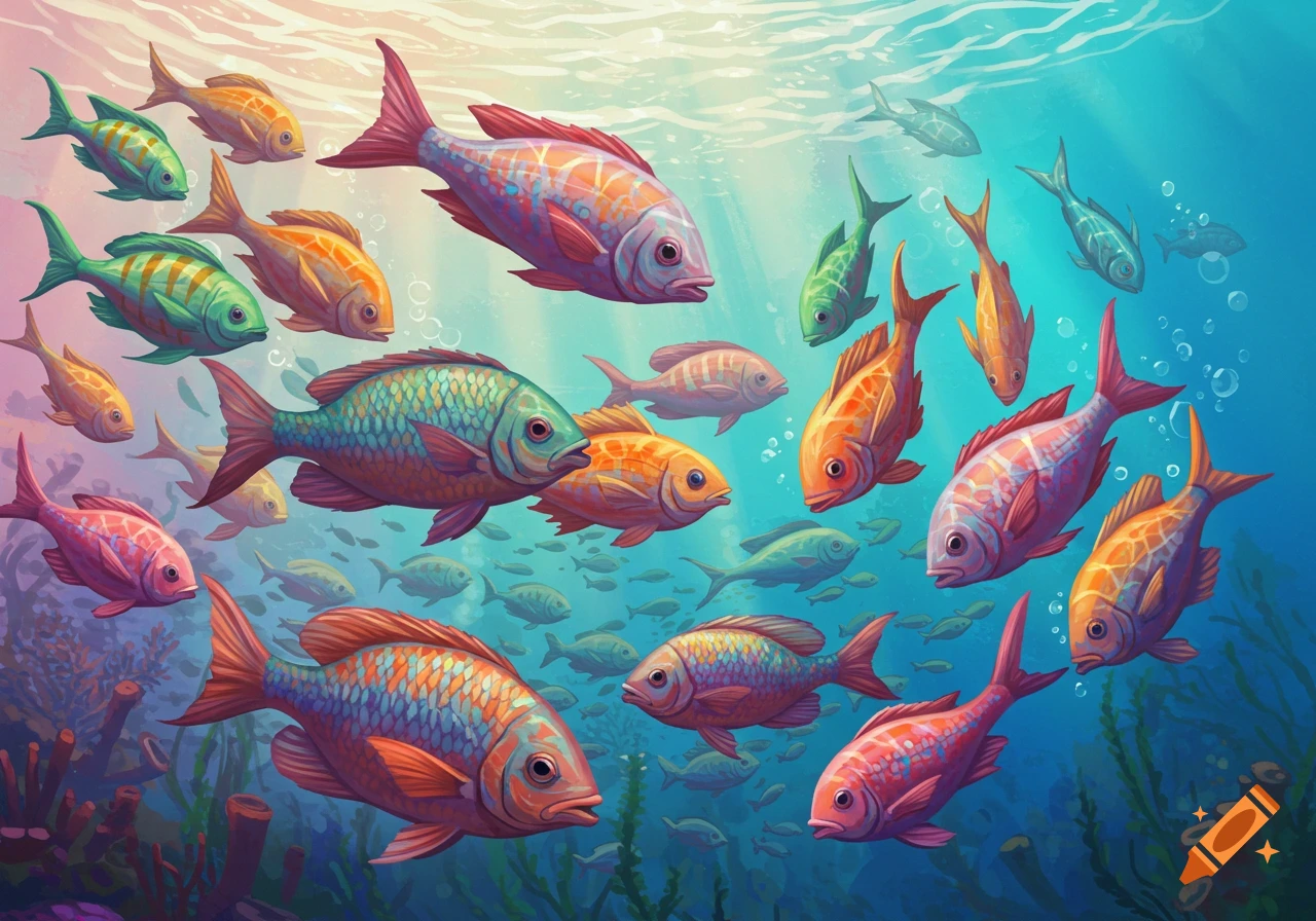 A school of colorful fish swimming underwater near coral and plants.