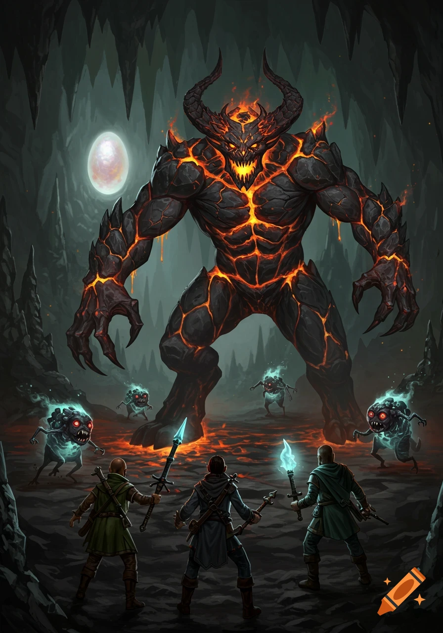 Adventurers battle a fiery rock monster and small creatures in a cave.