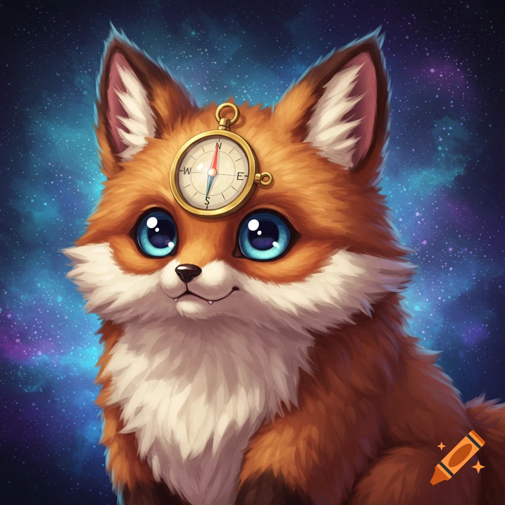 Cute fox-like creature wearing a compass on its head against a starry sky.