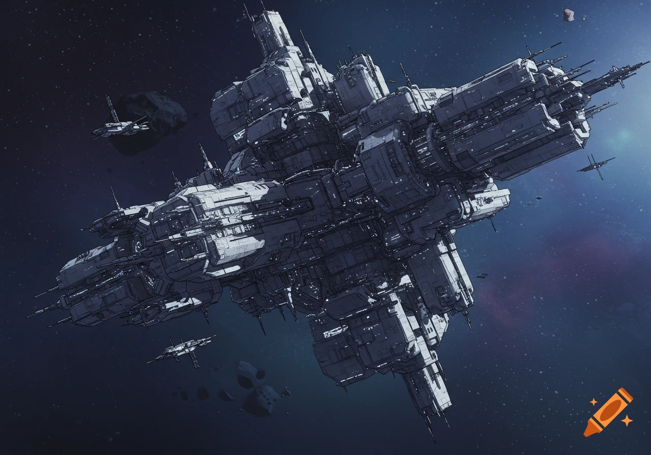 A complex space station and smaller spacecraft in orbit.