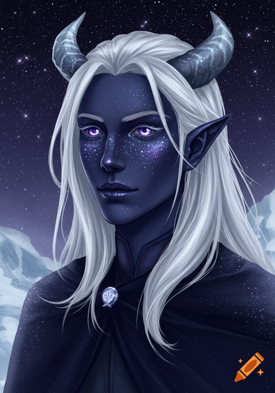 A fantasy character with blue skin, white hair, horns, lilac eyes, and starry face against a snowy, starry sky.