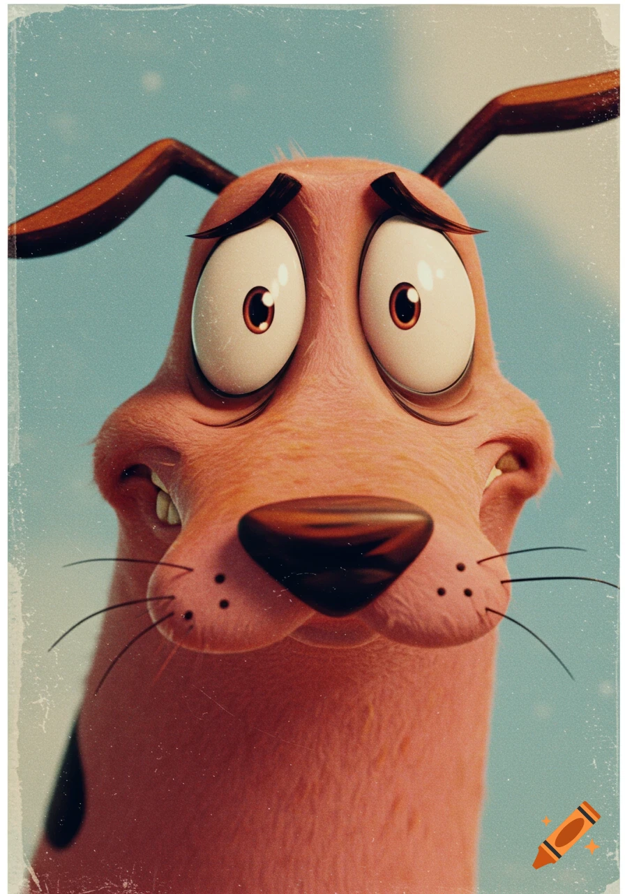 Close-up realistic portrait of Courage the Cowardly Dog looking scared.